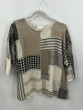 Paper Lace Patchwork Linen Blend Women’s Top - Beige and Black